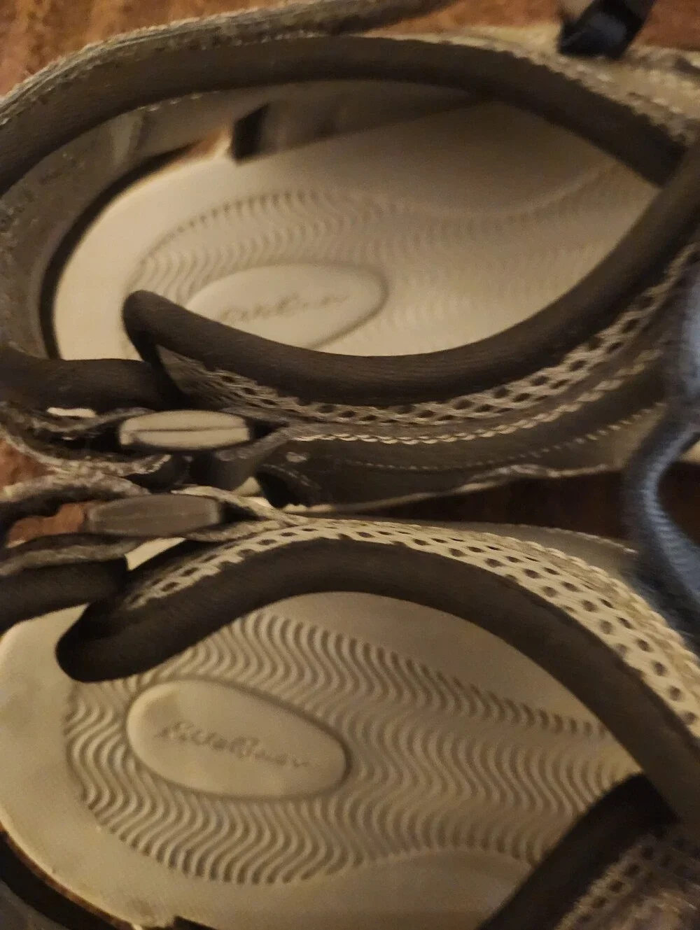 Eddie Bauer Men 11 Med gray and blue outdoor adjustable hook-and-loop sandals